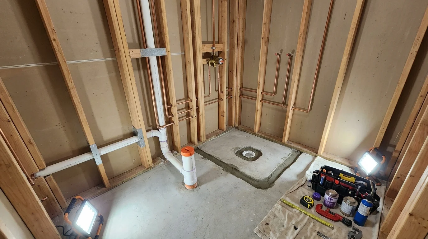 Bathroom rough-in plumbing during remodel by Johns Plumbing LLC in Shorewood