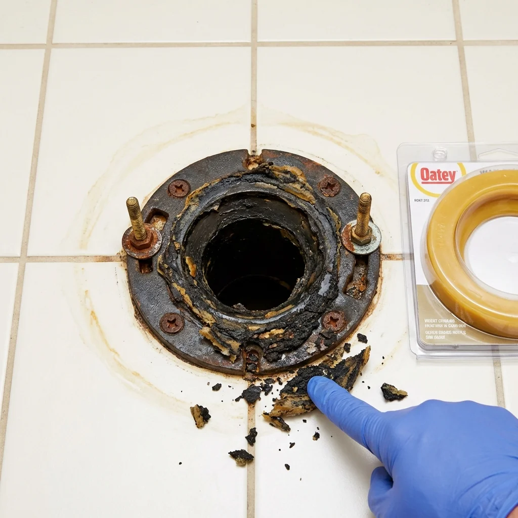 Failed wax ring showing water seepage at the base of a toilet in a Shorewood, IL home
