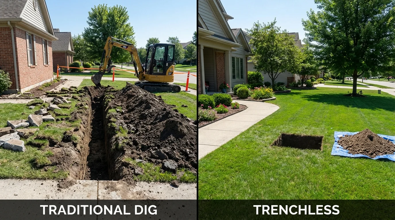 Trenchless sewer repair with minimal yard damage versus traditional excavation in Shorewood, IL