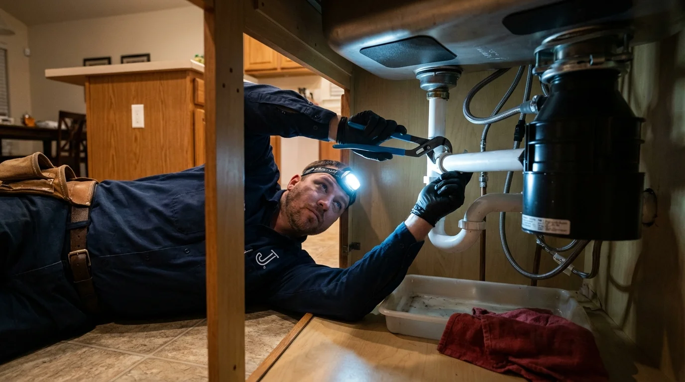 P-trap and supply line connections under a kitchen sink showing a common leak point in Shorewood, IL